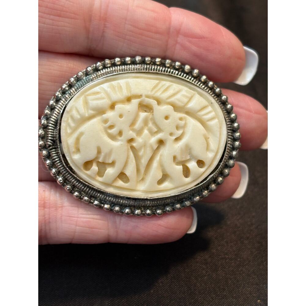 Vintage Hand Carved Bone Figural Brooch 2.25” 19g UNSIGNED